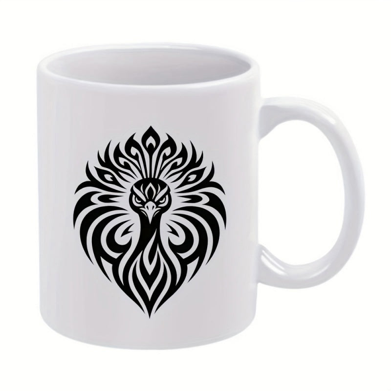 Tailorly White Ceramic 11 oz Mug - Intricate Tribal Style Silhouette Featuring Symmetric Tail Feathers Elegant Majestic Peacock