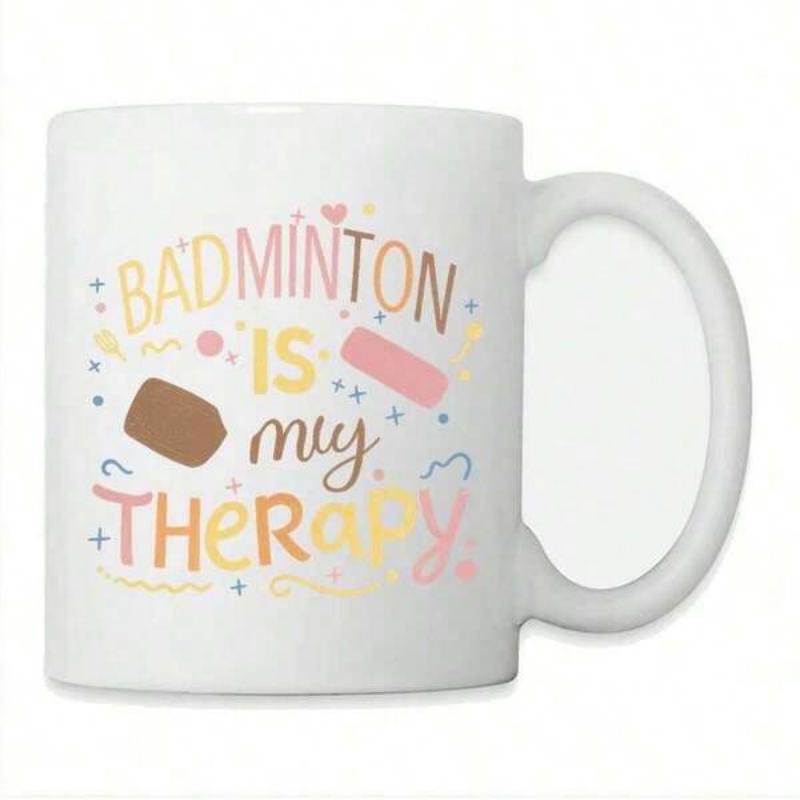 Tailorly White Ceramic 11 oz Mug - Badminton Is My Therapy Abstract Geometric Shapes Floating Among Colorful Playful Artistic Decorative Elements Badminton