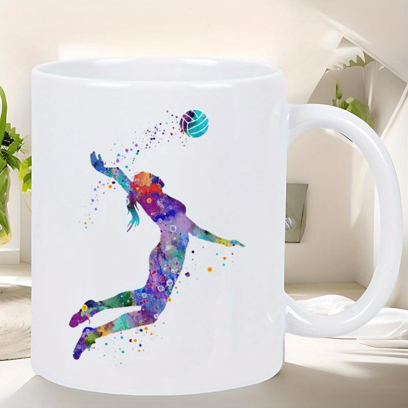 Tailorly White Ceramic 11 oz Mug - Vibrant Watercolor Splatter Effect Displaying An Athletic Female Jumping To Strike A Volleyball