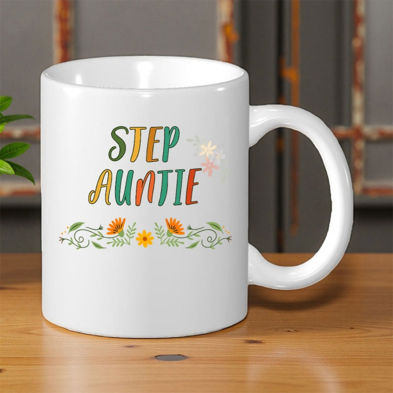 Tailorly White Ceramic 11 oz Mug - Step Auntie Retro Style Lettering With Vibrant Orange Flowers And Elegant Green Vines Mug