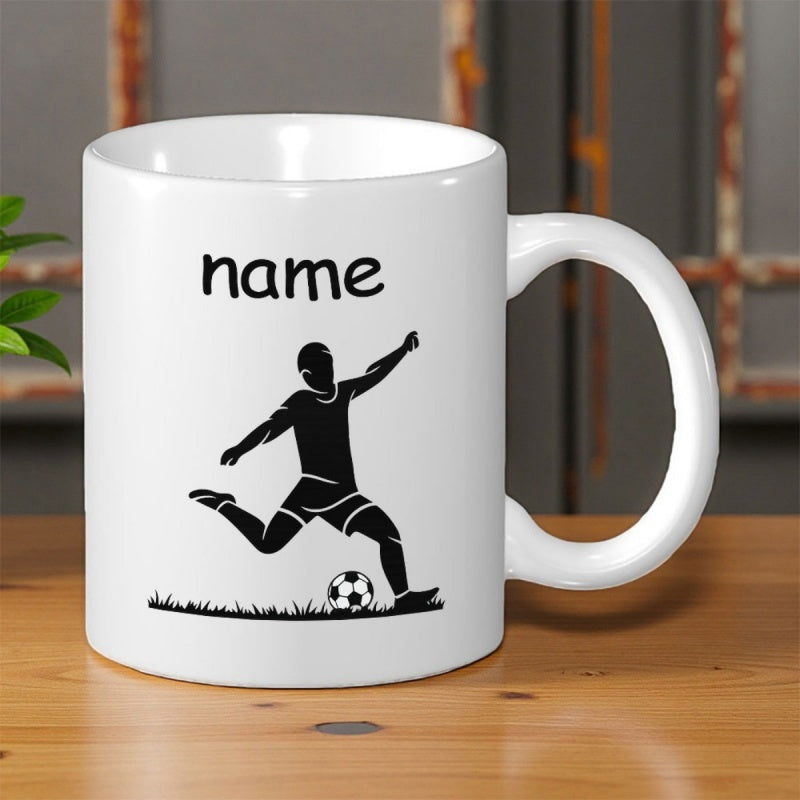 Tailorly White Ceramic 11 oz Mug - Name Silhouette Of A Soccer Player Kicking Ball On The Grass Mug