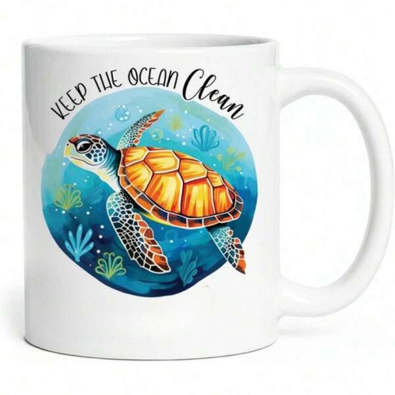 Tailorly White Ceramic 11 oz Mug - Keep The Ocean Clean Vibrant Sea Turtle Swimming Through Deep Blue Coastal Underwater Scene Turtle