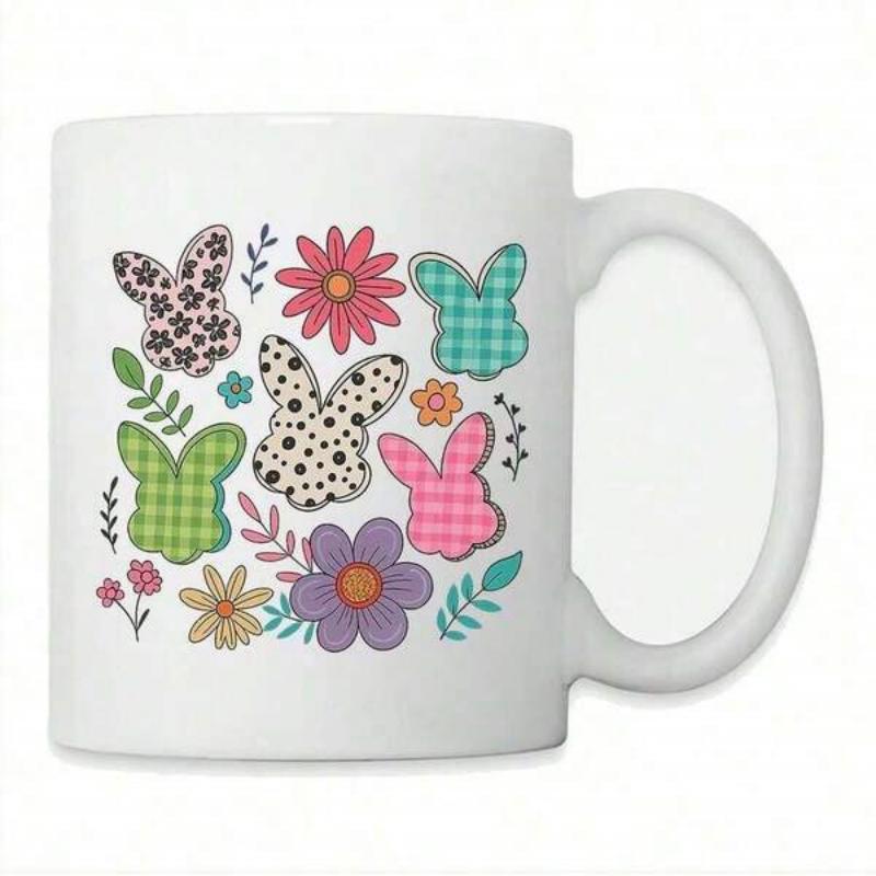 Tailorly White Ceramic 11 oz Mug - Colorful Patterned Easter Bunny Silhouettes Among Blooming Garden Spring Flowers Rabbit