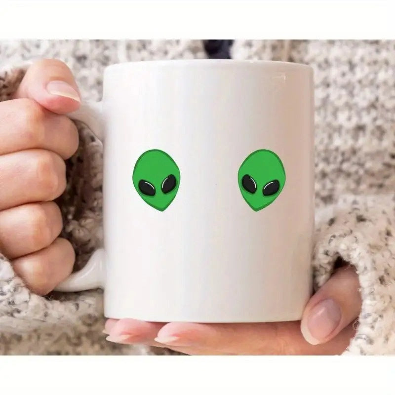 Tailorly White Ceramic 11 oz Mug - Two Minimalist Green Extraterrestrial Faces Floating On A Pure White Surface Alien