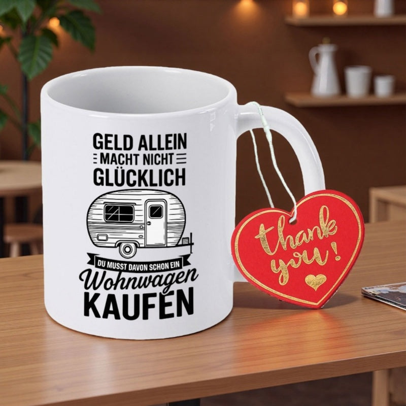 Tailorly White Ceramic 11 oz Mug - Thank You Minimalist Black Line Drawing Retro Adventure Travel Themed Caravan