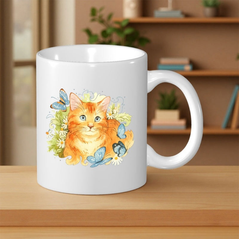 Tailorly White Ceramic 11 oz Mug - Cute Ginger Kitten With Blue Butterflies Among Blooming Summer Garden Cat