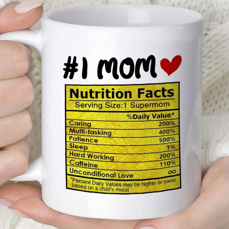 Tailorly White Ceramic 11 oz Mug - Number One Mom Nutrition Facts Supermom Yellow Label Styled Nutritional Table With Heart Symbol And Black Text Mug