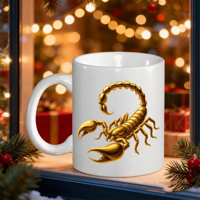 Tailorly White Ceramic 11 oz Mug - Metallic Golden Detailed Realistic Arachnid With Curved Tail And Pincers Scorpion