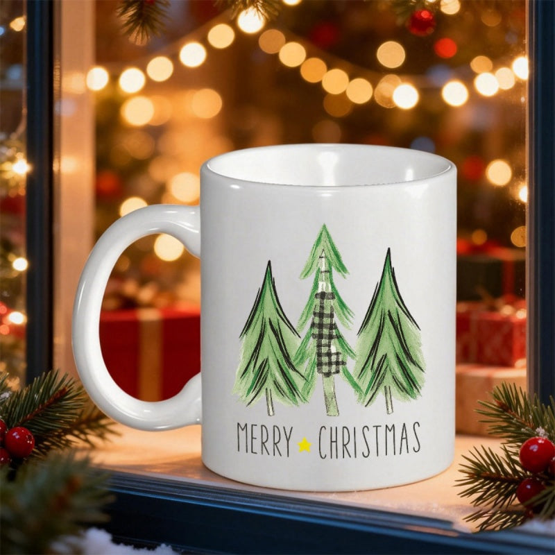 Tailorly White Ceramic 11 oz Mug - Merry Christmas Three Green Pine Trees With Black Plaid Pattern Center Mug