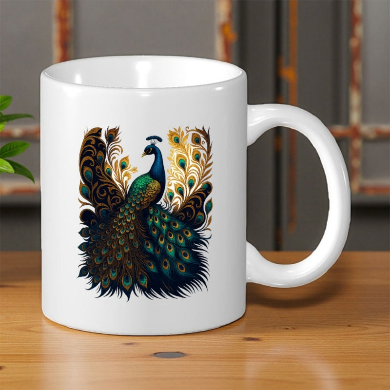 Tailorly White Ceramic 11 oz Mug - Majestic Bird With Vibrant Green And Golden Feathers Displaying Artistic Details Peacock