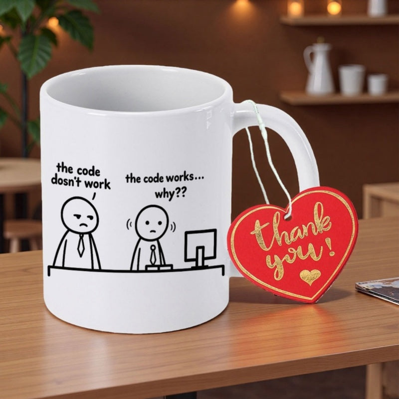 Tailorly White Ceramic 11 oz Mug - The Code Doesnt Work The Code Works Why Two Simple Minimalist Stick Figures Sitting At Desk With Computer Programmer