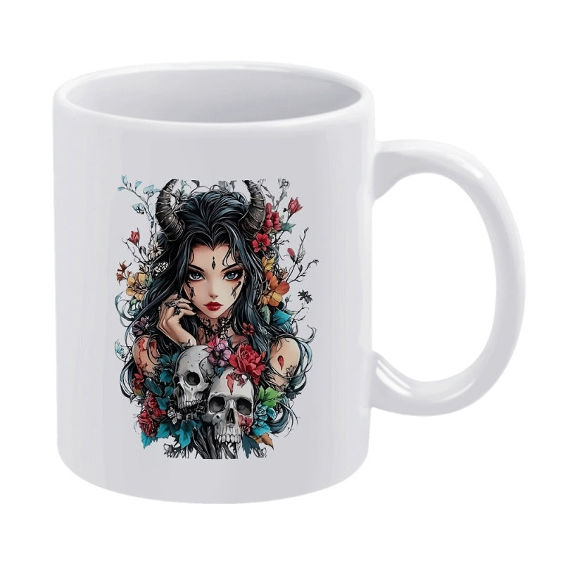 Tailorly White Ceramic 11 oz Mug - Dark Gothic Fantasy Horned Figure Among Blooming Flowers And Eerie Skulls Woman