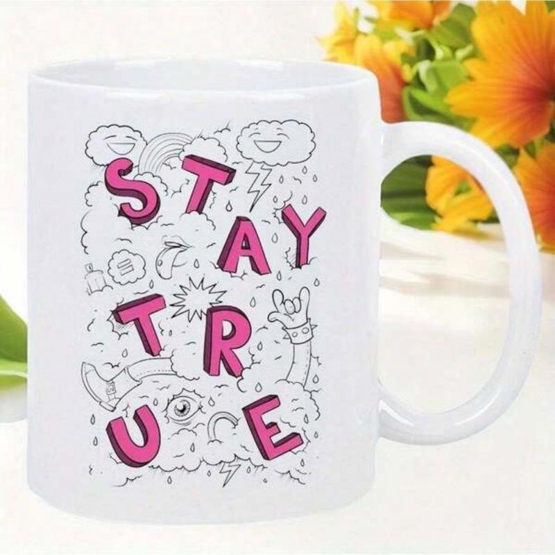 Tailorly White Ceramic 11 oz Mug - Stay True Whimsical Doodles Featuring Smiling Clouds And Bright Pink Block Typography Pattern