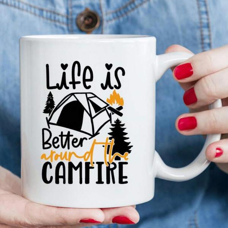 Tailorly White Ceramic 11 oz Mug - Life Is Better Around The Campfire Rustic Camping Scene With Pine Trees And Glowing Orange Warm Campfire Tent