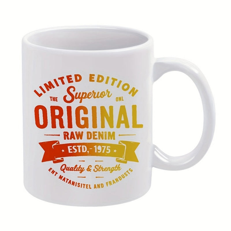 Tailorly White Ceramic 11 oz Mug - Limited Edition Superior Original Raw Denim Estd 1975 Quality Strength Retro Vintage Style Typography With Colorful Gradient