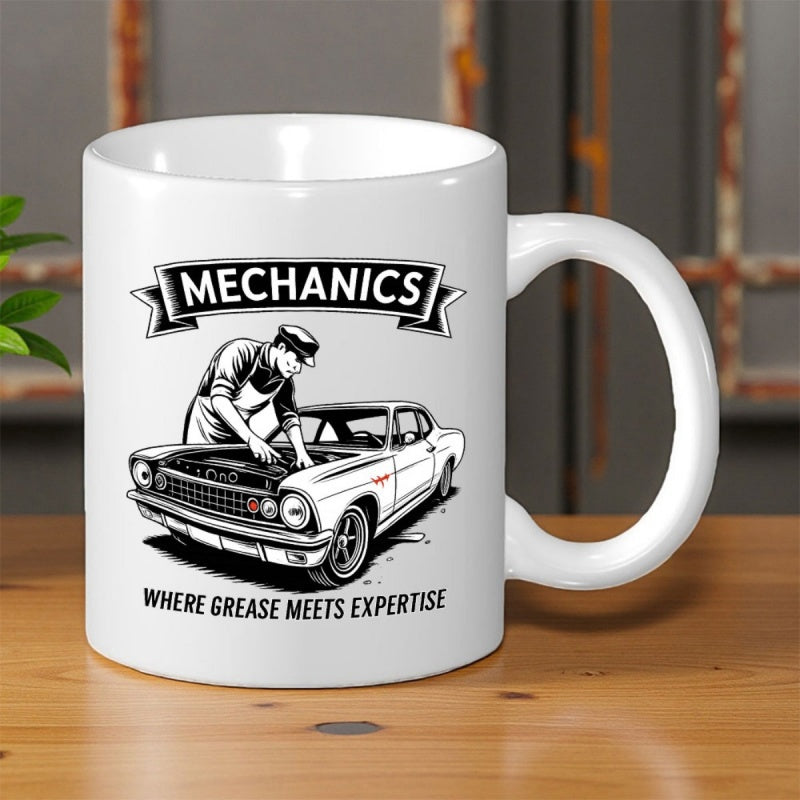 Tailorly White Ceramic 11 oz Mug - Mechanics Where Grease Meets Expertise Vintage Automotive Scene With Skilled Worker Repairing Classic Muscle Car