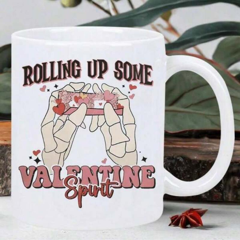 Tailorly White Ceramic 11 oz Mug - Rolling Up Some Valentine Spirit Holding Heart Pattern Paper Among Floating Tiny Red Decorative Hearts Skeleton Hands