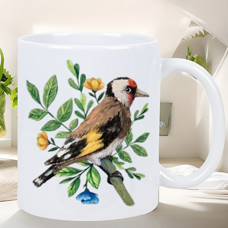 Tailorly White Ceramic 11 oz Mug - Elegant Watercolor Goldfinch Perched Among Green Leaves And Vibrant Spring Flowers Bird