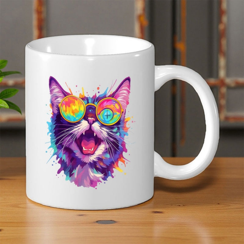 Tailorly White Ceramic 11 oz Mug - Vibrant Colorful Watercolor Style Feline Wearing Round Sunglasses With Splash Effects Cat