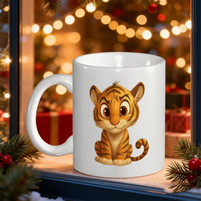 Tailorly White Ceramic 11 oz Mug - Adorable Little Baby Striped Cub Sitting With Large Curious Eyes Tiger
