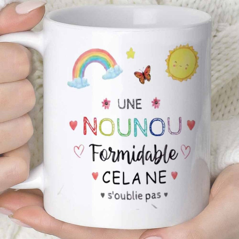 Tailorly White Ceramic 11 oz Mug - Watercolor Rainbow With Smiling Sun And Tiny Butterfly Among Hearts Rainbow