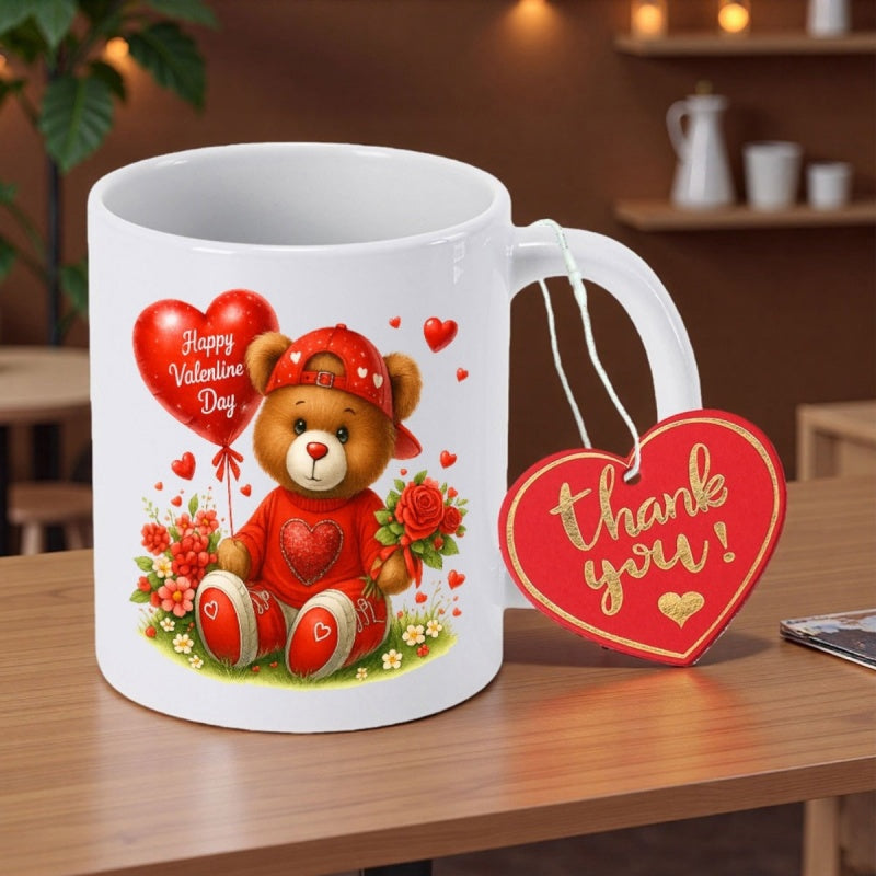 Tailorly White Ceramic 11 oz Mug - Happy Valentine Day Adorable Cartoon Teddy Wearing Red Clothes Holding Flowers And Heart Balloon Bear