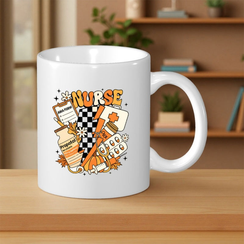 Tailorly White Ceramic 11 oz Mug - Nurse Retro Medical Elements Including Stethoscope Syringe And Pills In Warm Tones Nurse