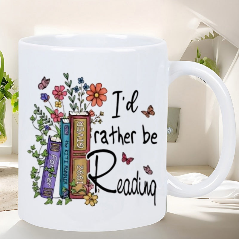 Tailorly White Ceramic 11 oz Mug - Id Rather Be Reading Stacked Vintage Volumes With Colorful Flowers And Butterflies Among Vines Books