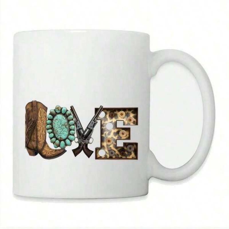 Tailorly White Ceramic 11 oz Mug - Love Western Style Cowboy Boot With Turquoise And Crossed Pistols Mug