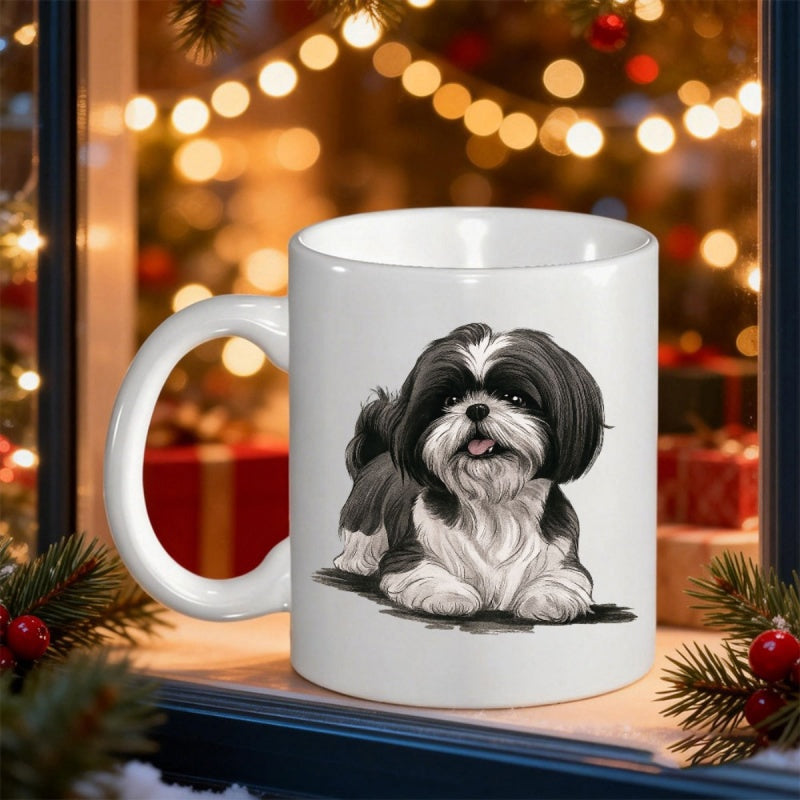 Tailorly White Ceramic 11 oz Mug - Fluffy Black And White Furry Long Haired Sitting Cute Domestic Shih Tzu
