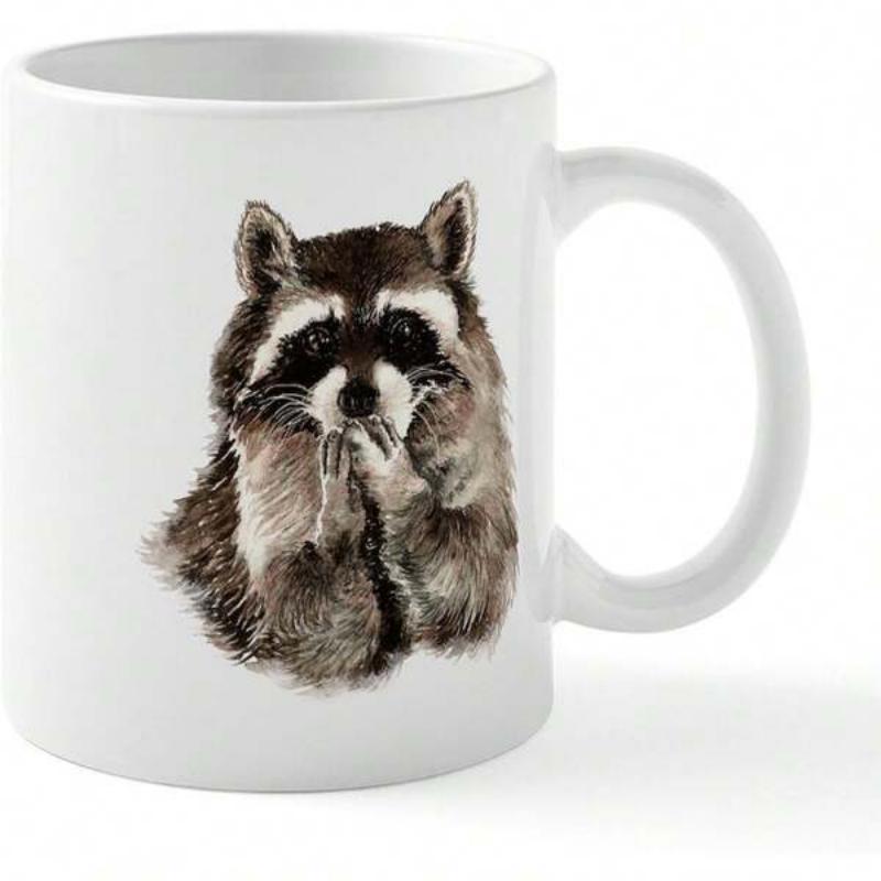 Tailorly White Ceramic 11 oz Mug - Realistic Watercolor Style Curious Raccoon With Hands Near Mouth Raccoon