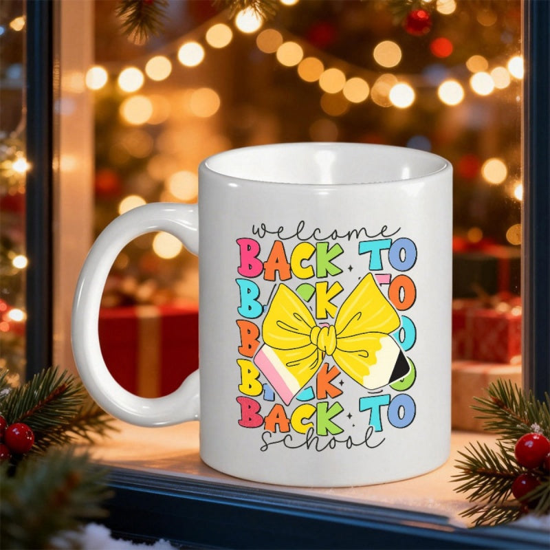 Tailorly White Ceramic 11 oz Mug - Welcome Back To School Vibrant Colorful Letters Featuring A Creative Large Yellow Pencil Shaped Bow