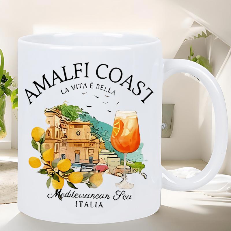 Tailorly White Ceramic 11 oz Mug - Amalfi Coast Mediterranean Sea Charming Coastal Village With Yellow Lemons And Refreshing Beverage Scene