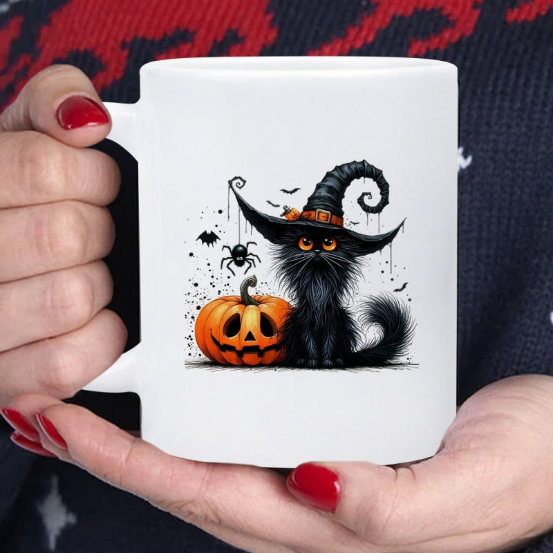 Tailorly White Ceramic 11 oz Mug - Spooky Halloween Scene Featuring A Witch Hat Wearing Fluffy Black Cat