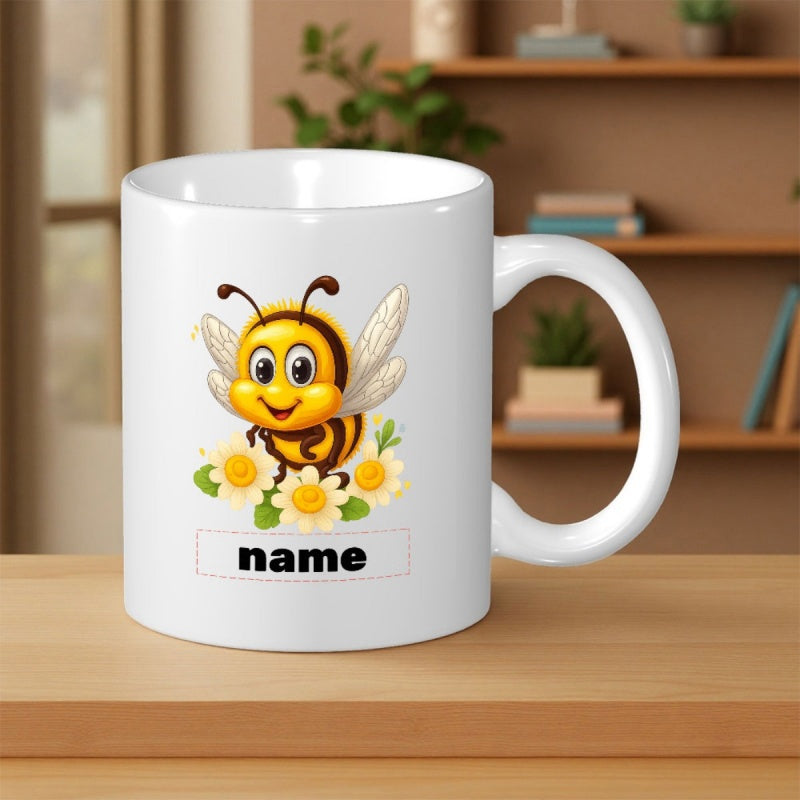 Tailorly White Ceramic 11 oz Mug - Name Happy Yellow Bee Flying Over White Daisies In A Sunny Garden Bee