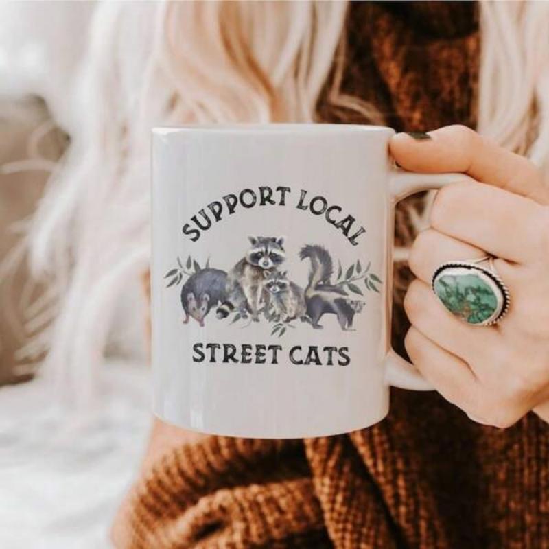 Tailorly White Ceramic 11 oz Mug - Support Local Street Cats Vintage Hand Drawn Opossum Raccoon And Skunk Resting Among Wild Leaves Animals