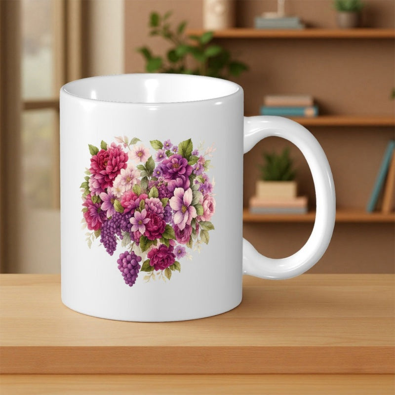 Tailorly White Ceramic 11 oz Mug - Vibrant Purple Peonies And Grapes Arranged In A Heart Shape Bouquet
