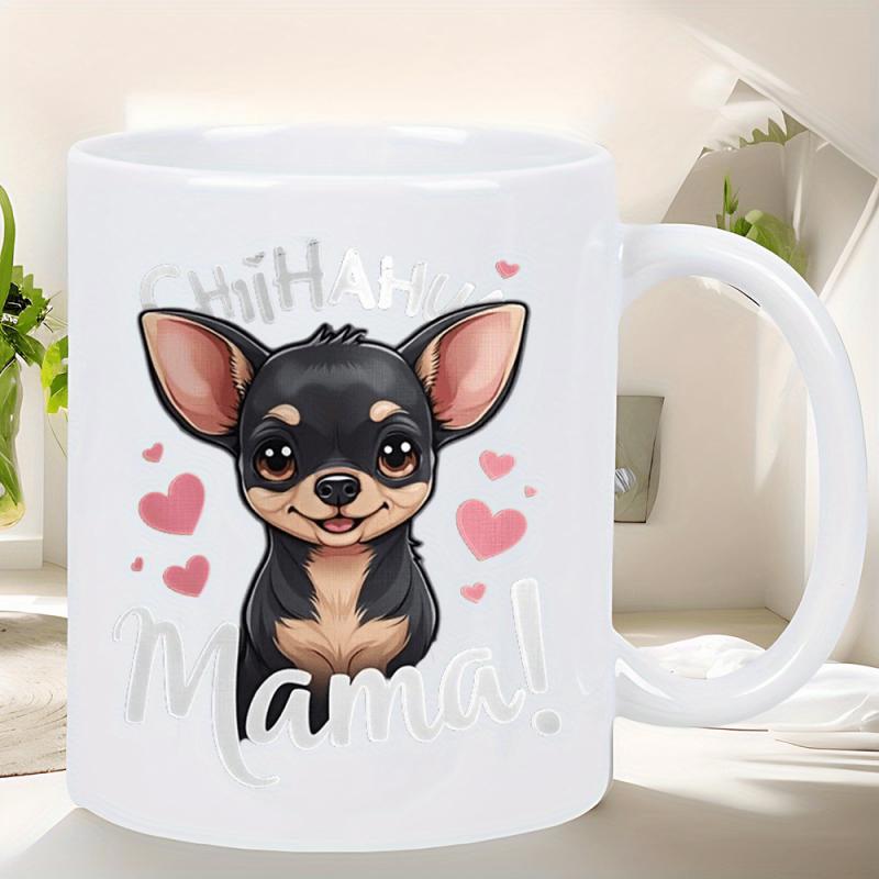 Tailorly White Ceramic 11 oz Mug - Chihuahua Mama Cute Black And Tan Puppy Surrounded By Pink Floating Hearts Chihuahua