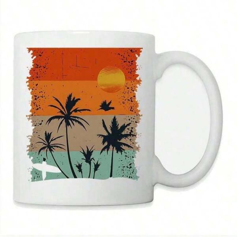 Tailorly White Ceramic 11 oz Mug - Vintage Distressed Retro Sunset With Flying Birds And Surfer Silhouette Palm Tree