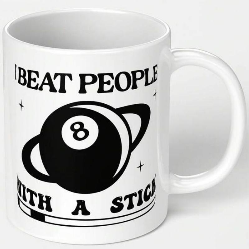 Tailorly White Ceramic 11 oz Mug - I Beat People With A Stick Billiard Saturn Ring Design Surrounded By Sparkling Magic Stars Eight Ball