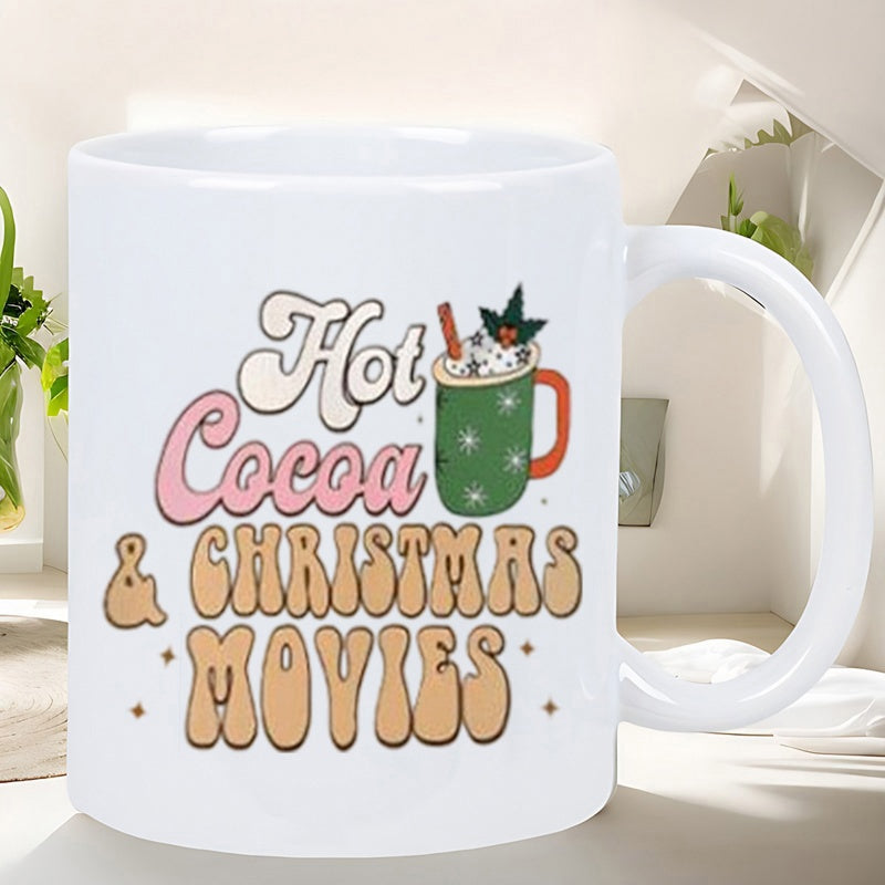 Tailorly White Ceramic 11 oz Mug - Hot Cocoa Christmas Movies Festive Green Mug Featuring Marshmallows And Cinnamon Stick Under Starry Atmosphere Mug