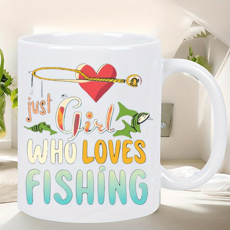 Tailorly White Ceramic 11 oz Mug - Just Girl Who Loves Fishing Vibrant Red Heart With Golden Fishing Rod And Abstract Green Fish Fishing
