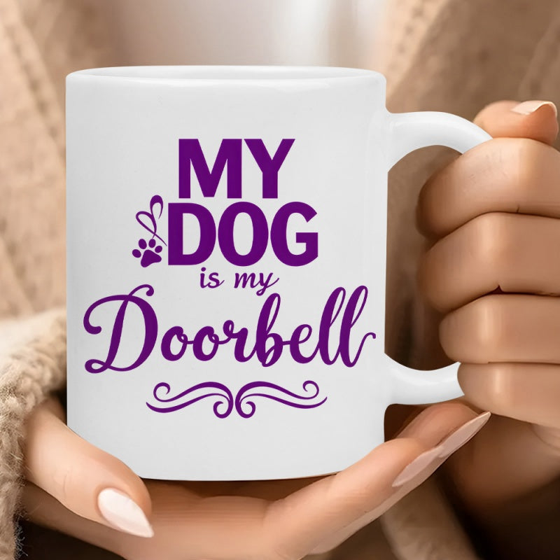 Tailorly White Ceramic 11 oz Mug - My Dog Is My Doorbell Purple Decorative Script Featuring Minimalist Heart And Swirls Paw