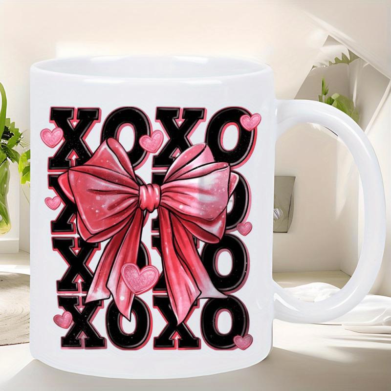 Tailorly White Ceramic 11 oz Mug - Xoxo Vibrant Red Textured Ribbon Tied Within Floating Sweet Pink Hearts Bow
