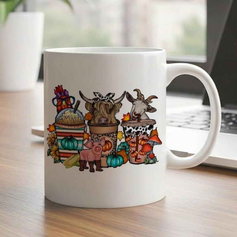 Tailorly White Ceramic 11 oz Mug - Cozy Autumn Coffee Cups Featuring Highland Cow And Goat Among Colorful Pumpkins Mug