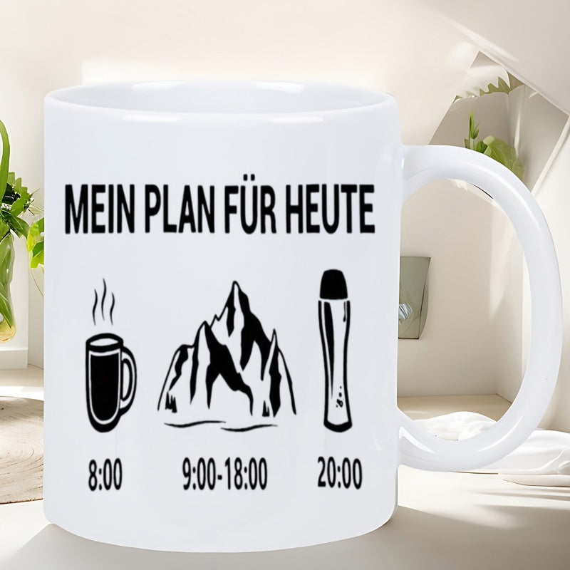 Tailorly White Ceramic 11 oz Mug - Minimalist Icons Showing Coffee Morning Mountain Hike And Evening Beer Mug
