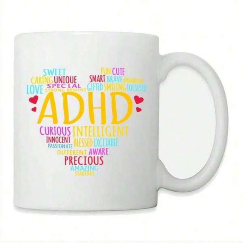 Tailorly White Ceramic 11 oz Mug - Adhd Sweet Smart Unique Intelligent Aware Precious Colorful Word Cloud Forming A Vibrant Heart