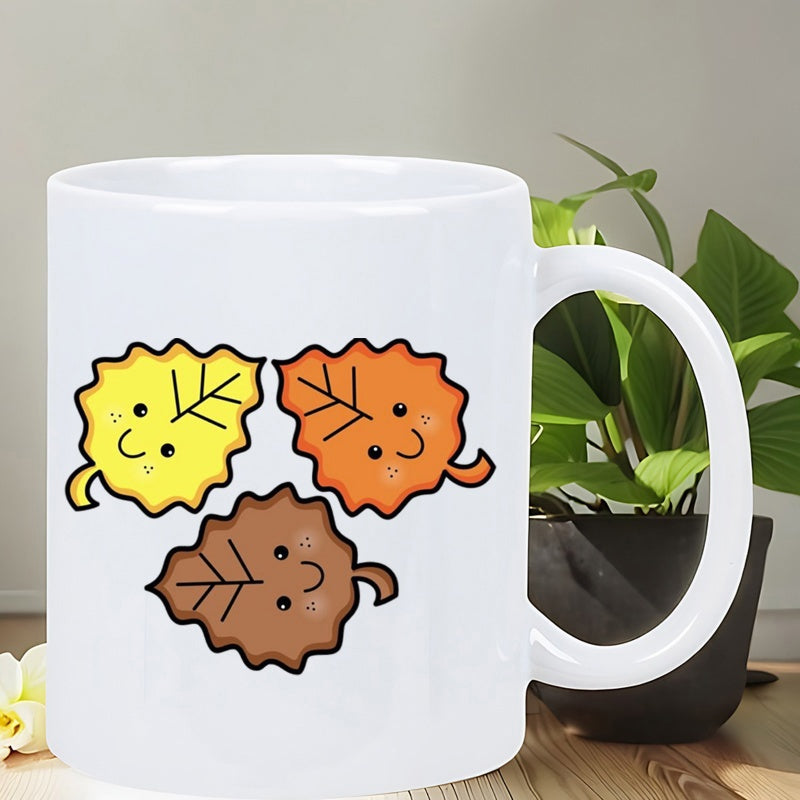 Tailorly White Ceramic 11 oz Mug - Smiling Colorful Cartoon Foliage Dancing In Warm Autumn Tones Leaves
