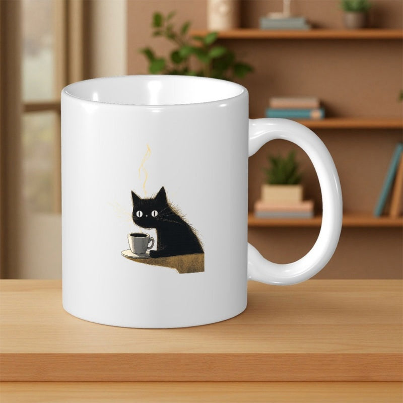 Tailorly White Ceramic 11 oz Mug - Tiny Black Kitten Sitting Quietly Beside A Small Steaming Coffee Mug Cat