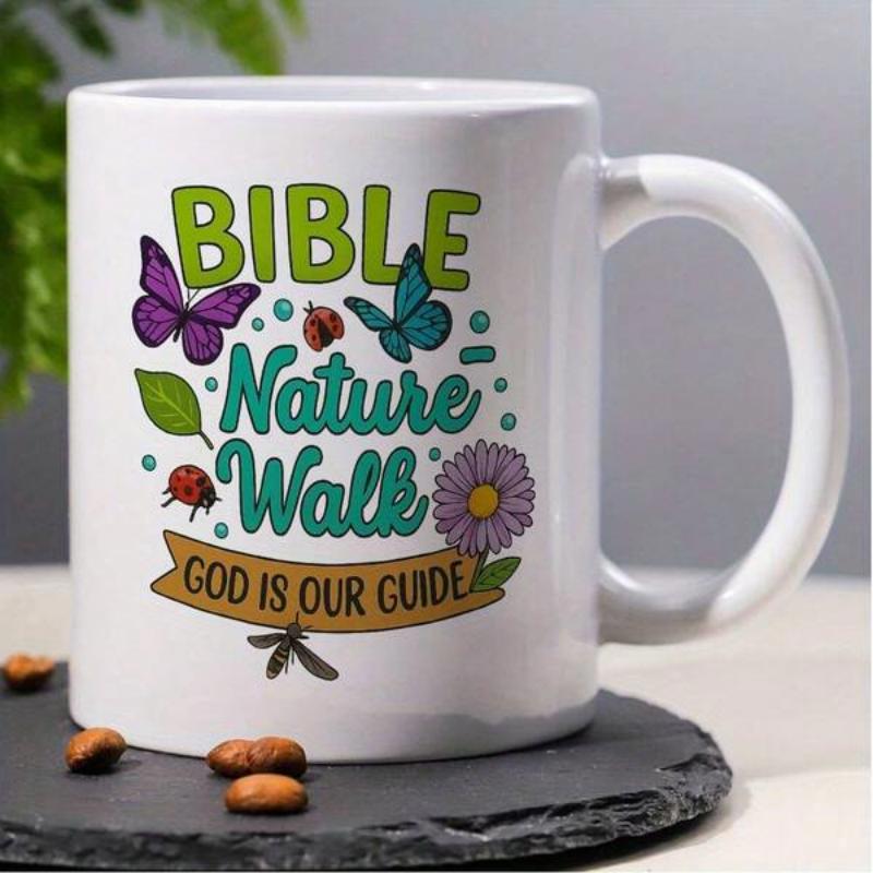 Tailorly White Ceramic 11 oz Mug - Bible Nature Walk God Is Our Guide Colorful Butterflies Flying Among Blooming Flowers And Green Leaves Nature Mug